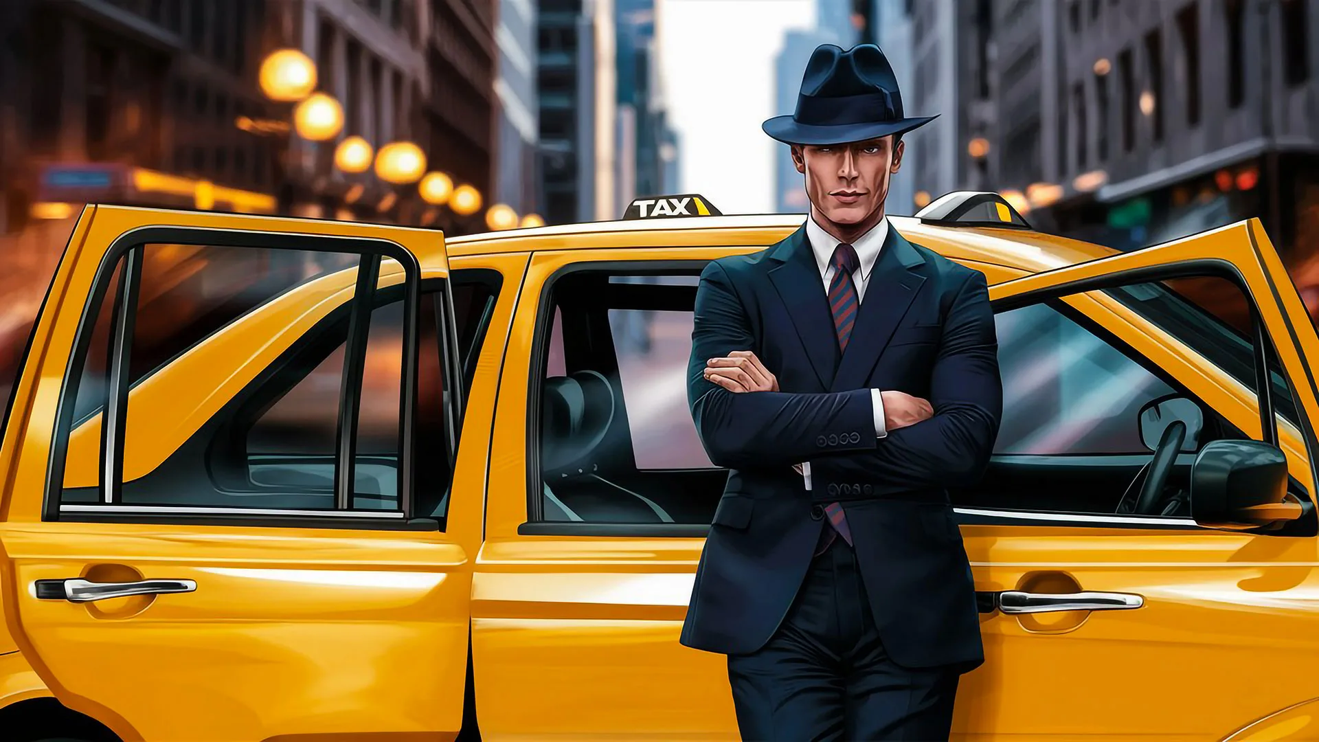 Man suit stands front yellow car with his arms crossed
